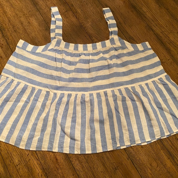 Breezy Blue & White Striped XL Petite Linen LOFT Sleeveless Peplum Top - Picture 1 of 8